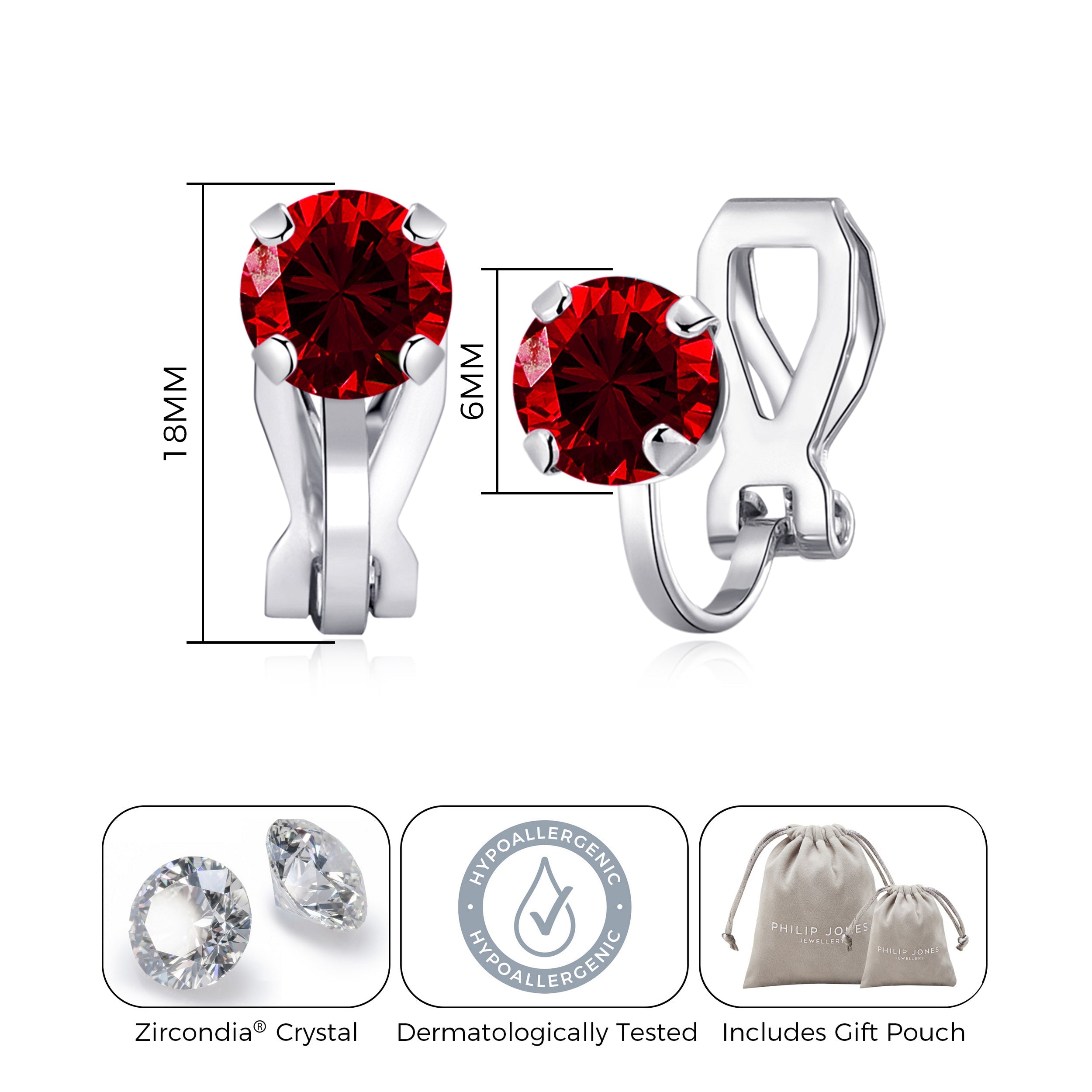 Dark Red Crystal Clip On Earrings Created with Zircondia® Crystals