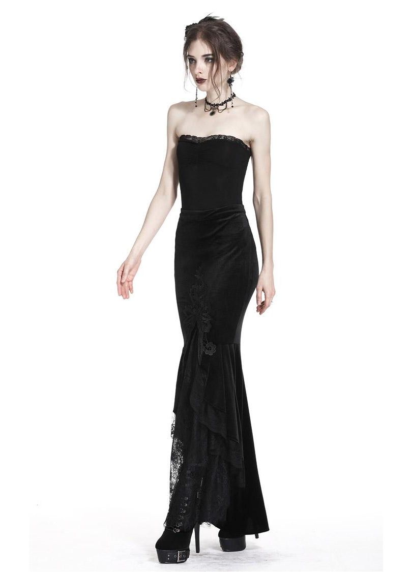 Dark In Love Cordelia Black Velvet Skirt - Gothic Fishtail Skirt Embroidered Lace
