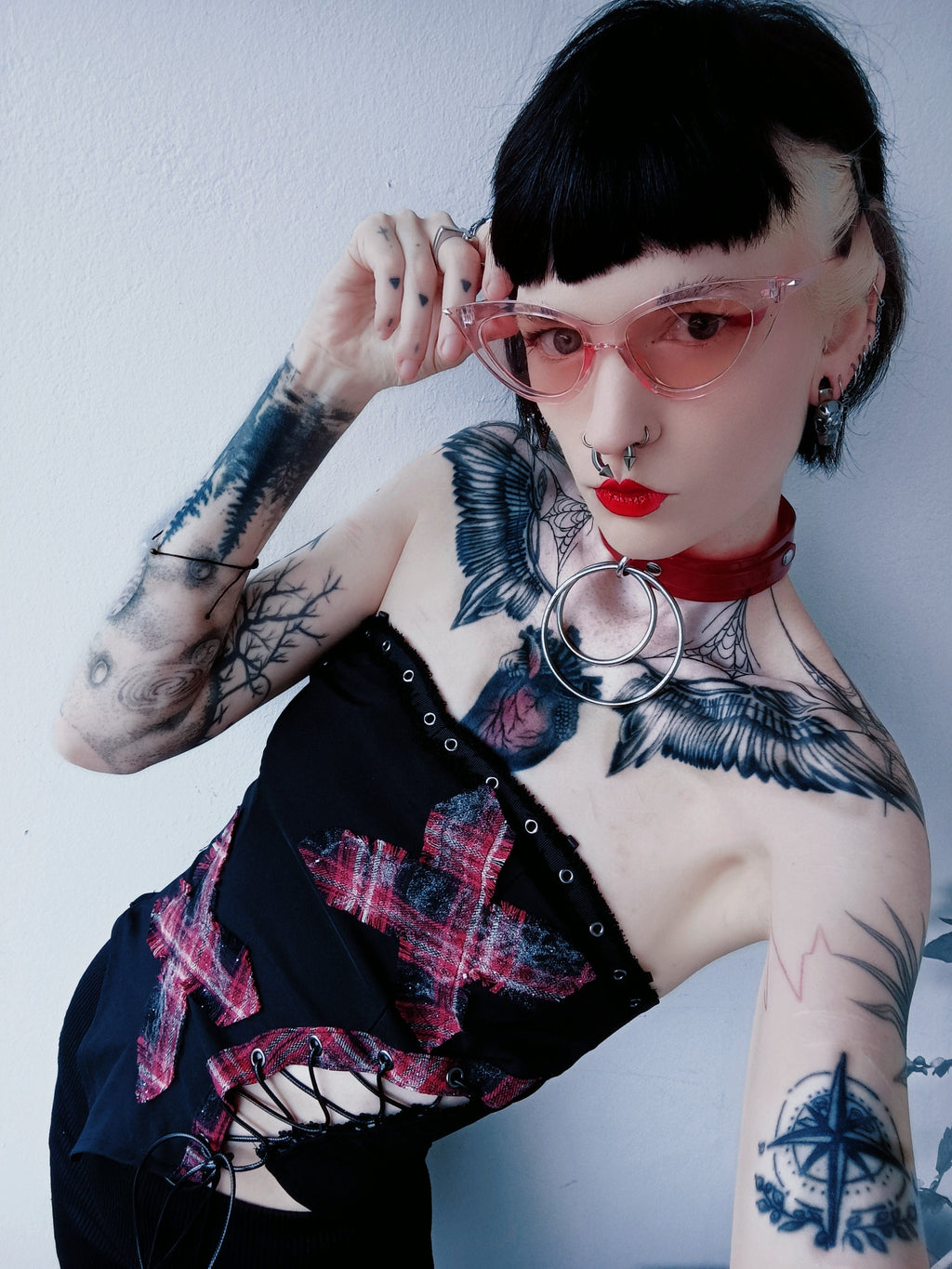 Dark in Love Punk Black and Tartan Cross Strap Nevida Top