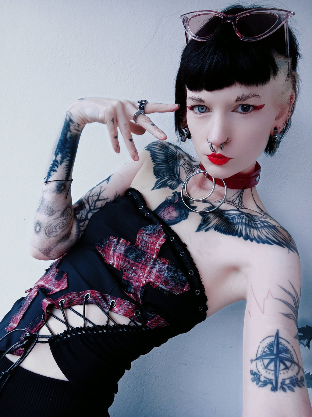 Dark in Love Punk Black and Tartan Cross Strap Nevida Top