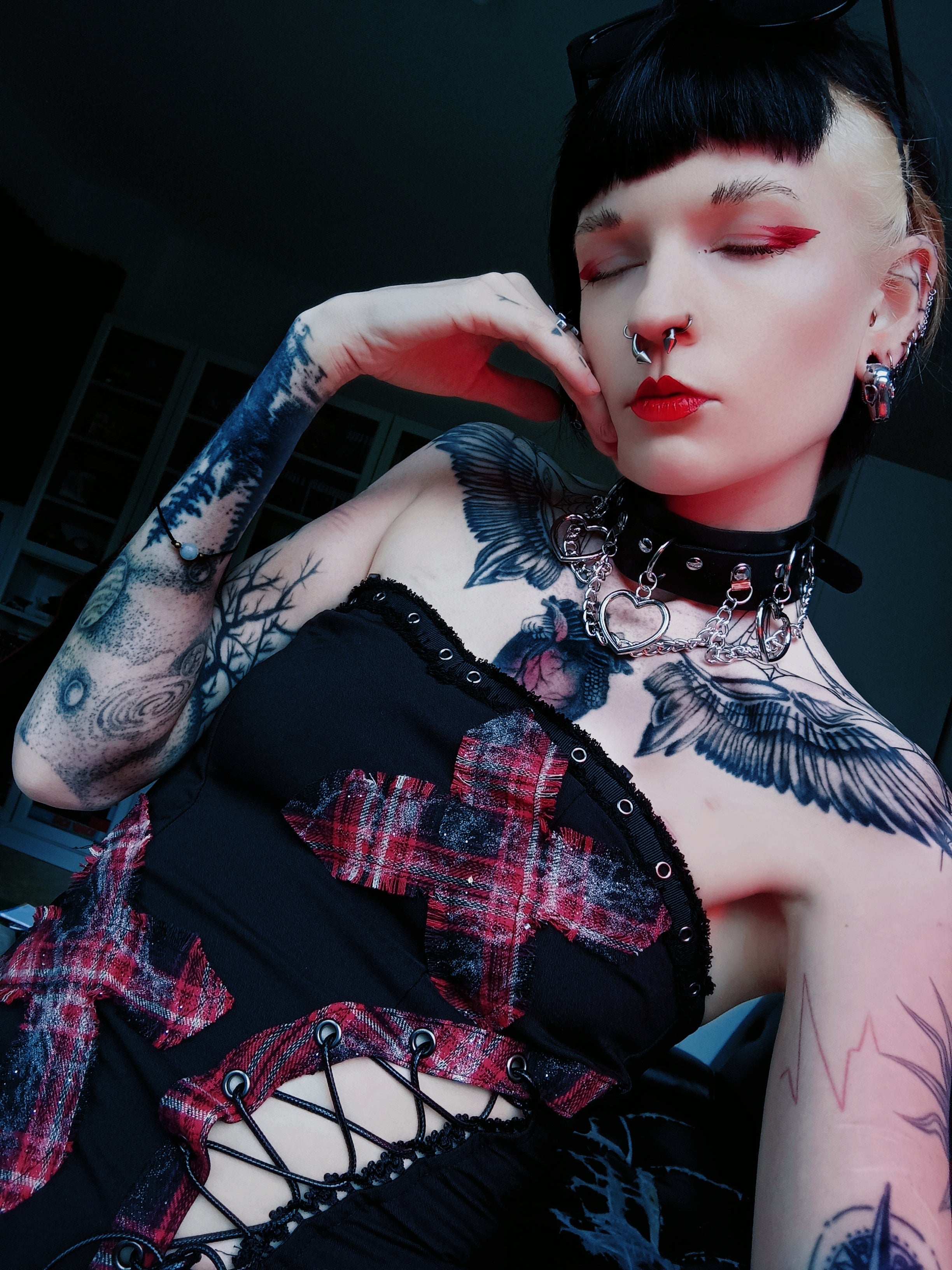 Dark in Love Punk Black and Tartan Cross Strap Nevida Top
