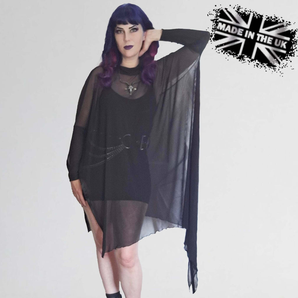 Necessary Evil Anahita Gothic Mesh Layer Dress - Sheer Black with Faux Leather Trim