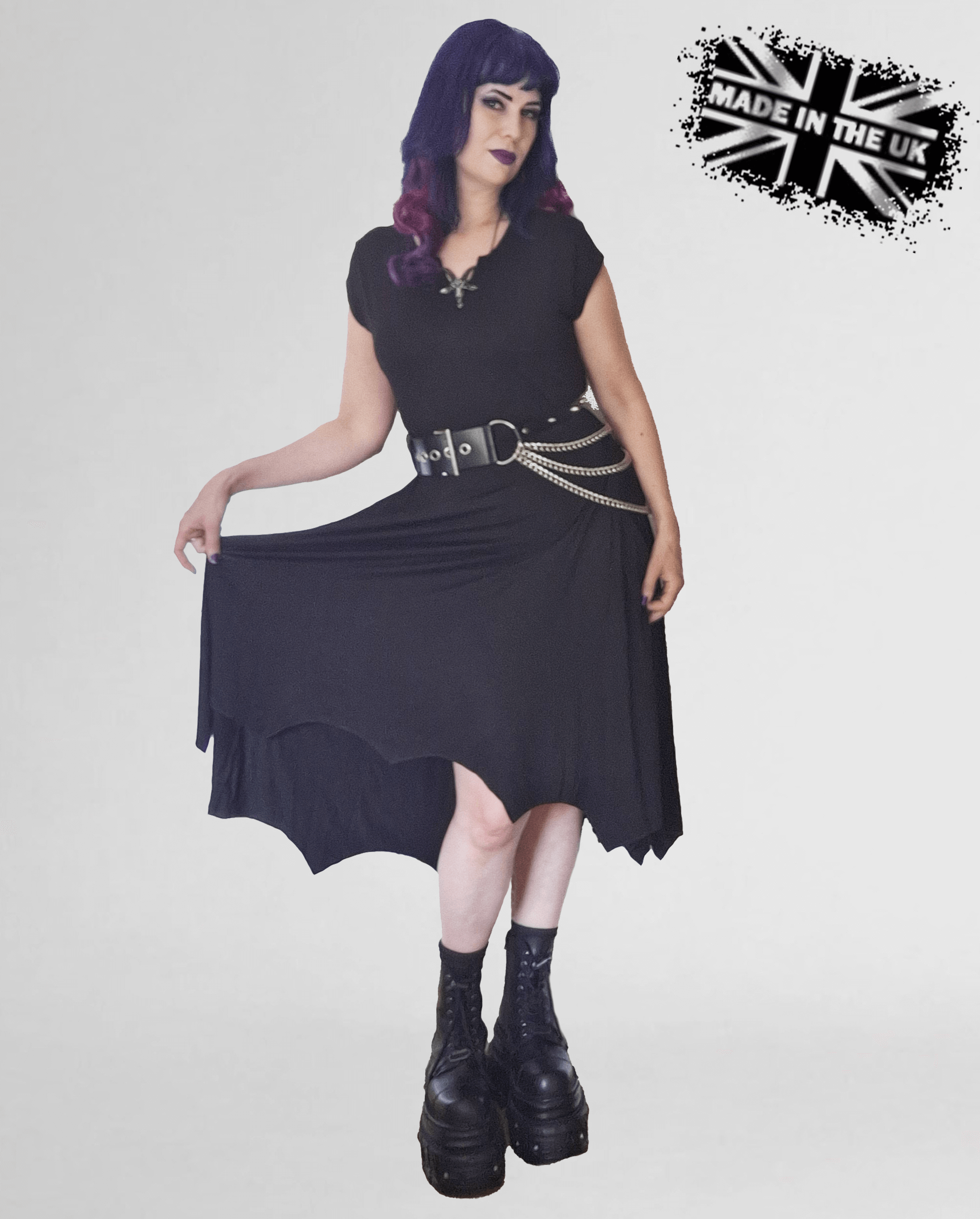 Necessary Evil Evaki Gothic Hi-Low Dress - Bat Wing Hem with Pockets UK Made