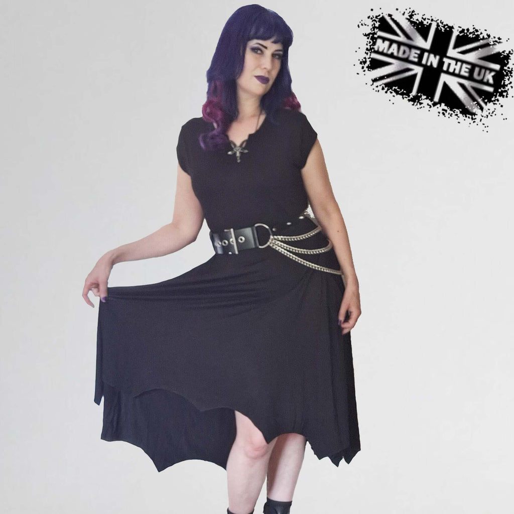 Necessary Evil Evaki Gothic Hi-Low Dress - Bat Wing Hem with Pockets UK Made