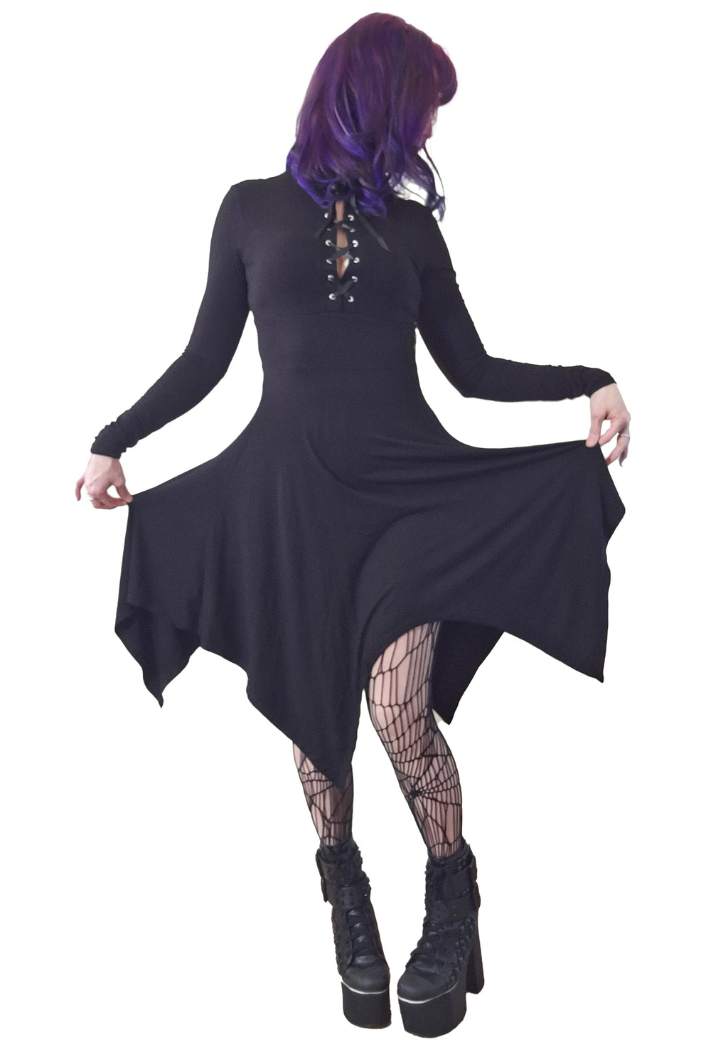 Necessary Evil Kali Gothic Handkerchief Hem Midi Dress - Long Sleeve Black