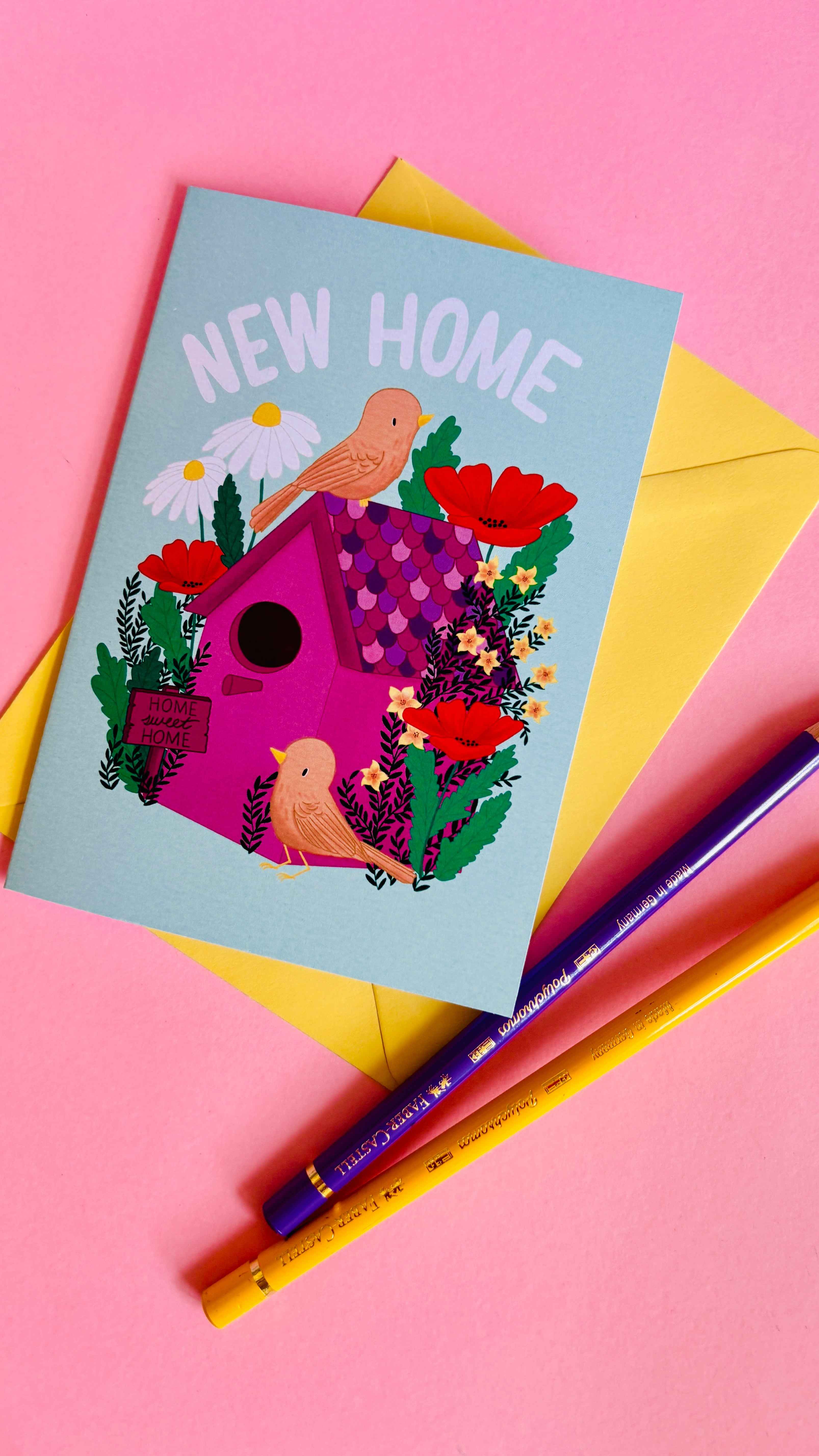 New Home Card- Cute and Colourful Handmade Floral Birdhouse Greetings Card