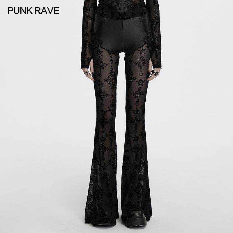 Punk Rave Seraphina Gothic Lace Flares - Cross Flocking Mesh Leggings
