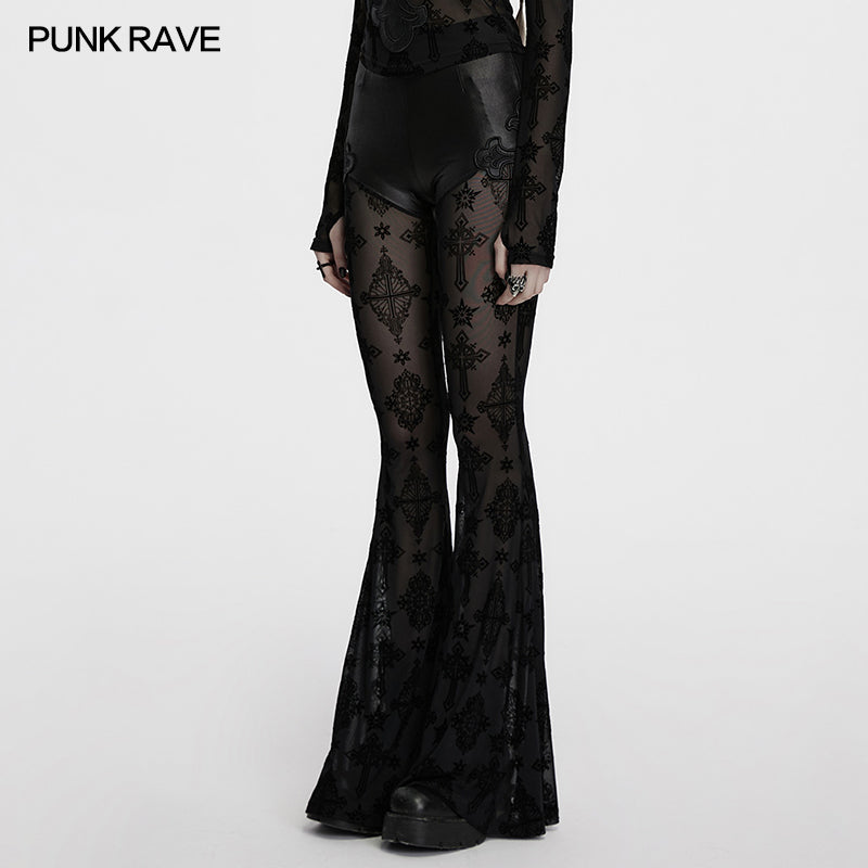 Punk Rave Seraphina Gothic Lace Flares - Cross Flocking Mesh Leggings