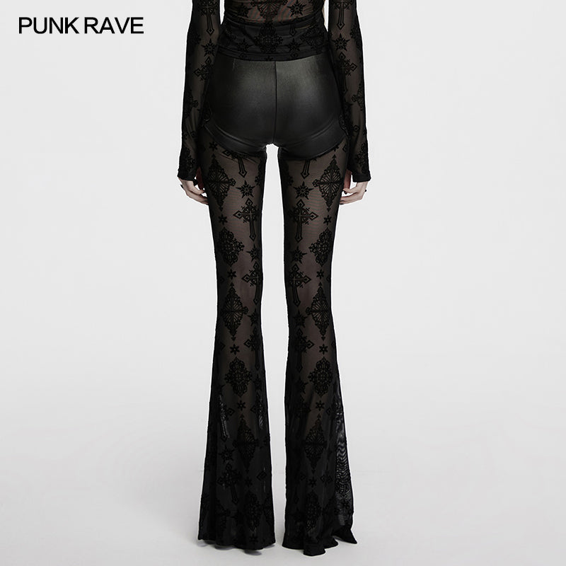 Punk Rave Seraphina Gothic Lace Flares - Cross Flocking Mesh Leggings