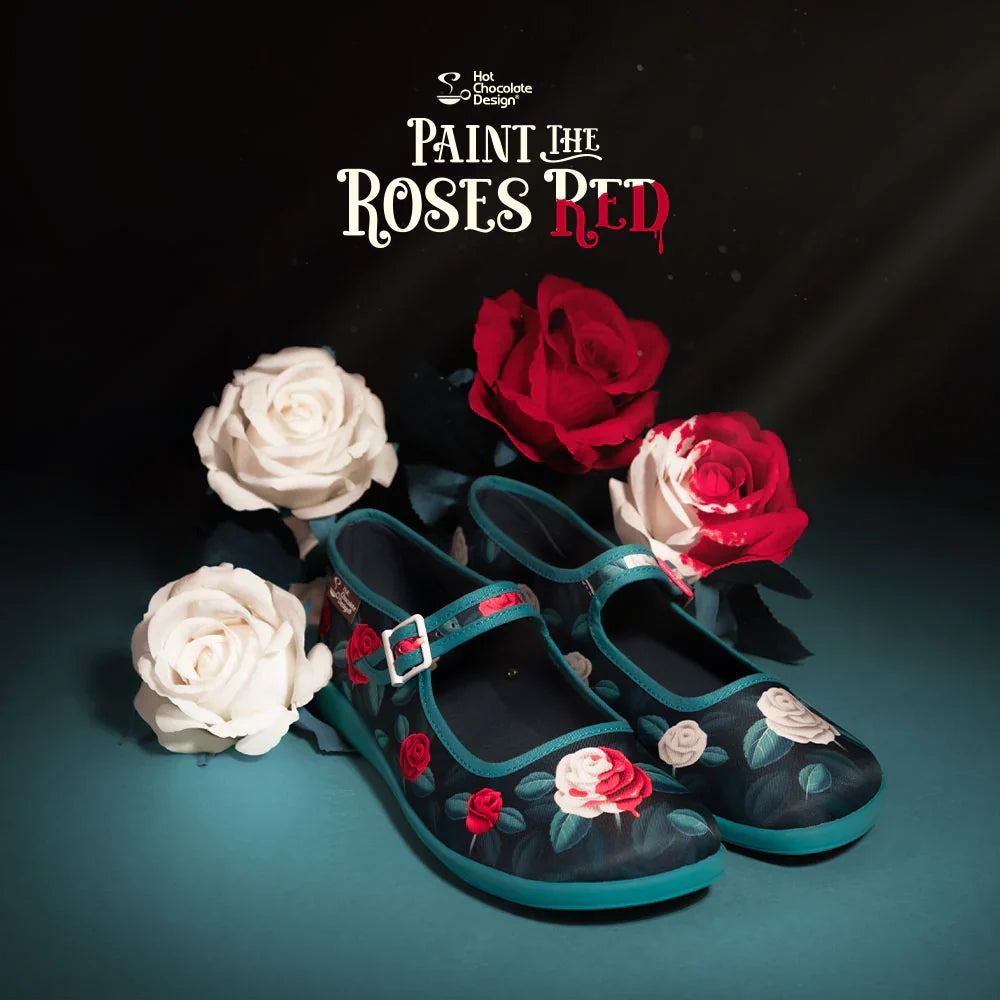 Chocolaticas® Paint the Roses Red – Gothic Floral Mary Jane Flats - Size UK 8.5 Left Only!