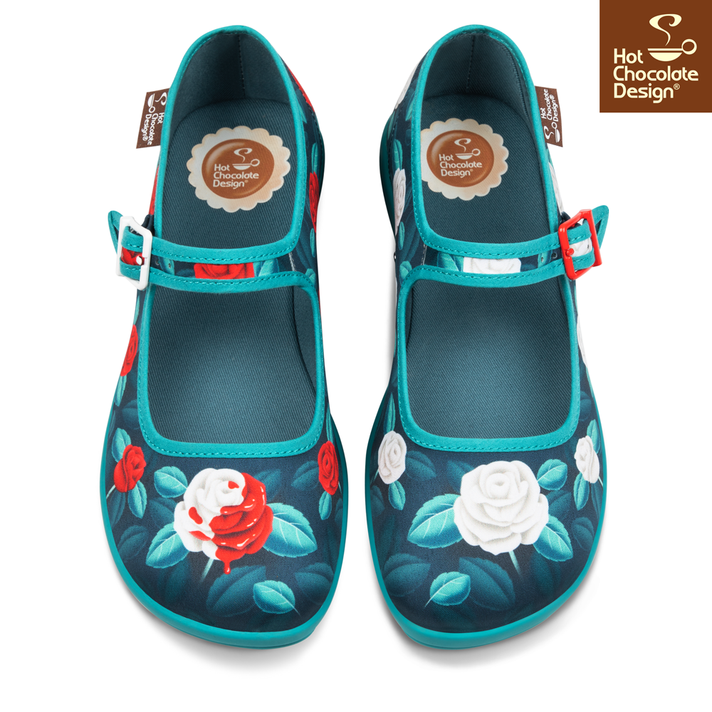 Chocolaticas® Paint the Roses Red – Gothic Floral Mary Jane Flats - Size UK 8.5 Left Only!