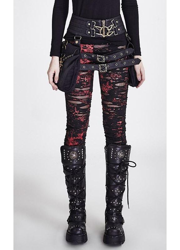 Punk Rave Gothalyptic Lara Leggings - Distressed Gothic Mesh Red Splatter Black