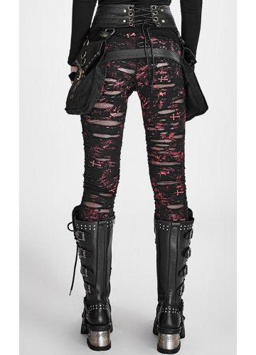 Punk Rave Gothalyptic Lara Leggings - Distressed Gothic Mesh Red Splatter Black