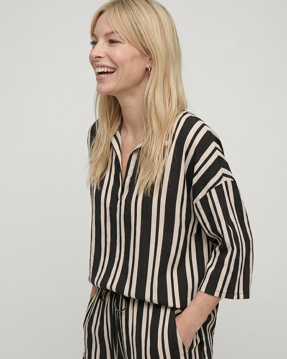 Vi Brown Stripe Print V-Neck Shirt