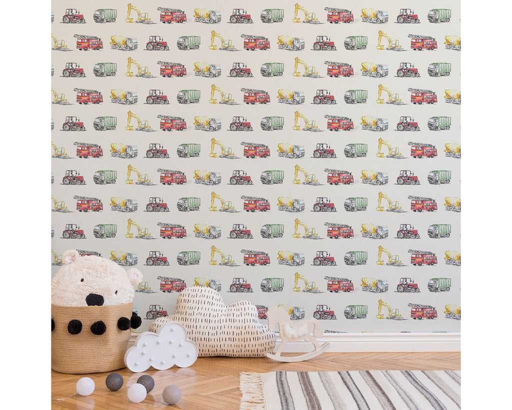 Watercolour Vehicles Wallpaper | Diggers, Fire Engines & Trucks | Kids Bedroom & Nursery