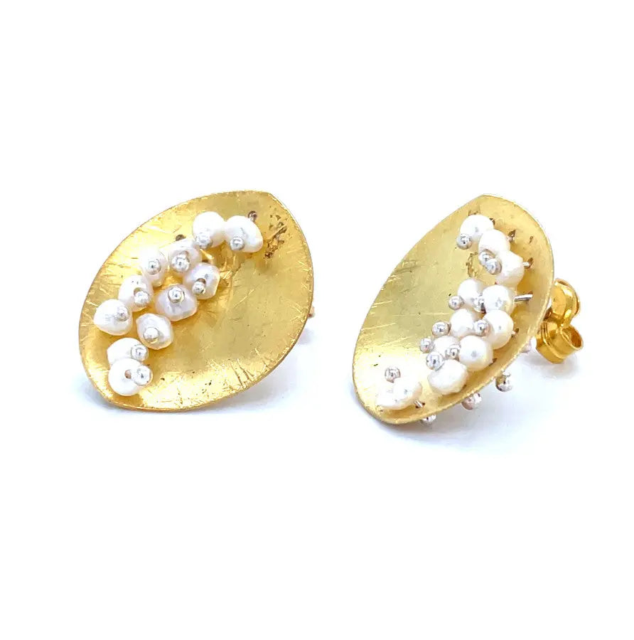 Leaf Mars Earring, Sterling Silver with Gold Plate and Fresh Water Pearls