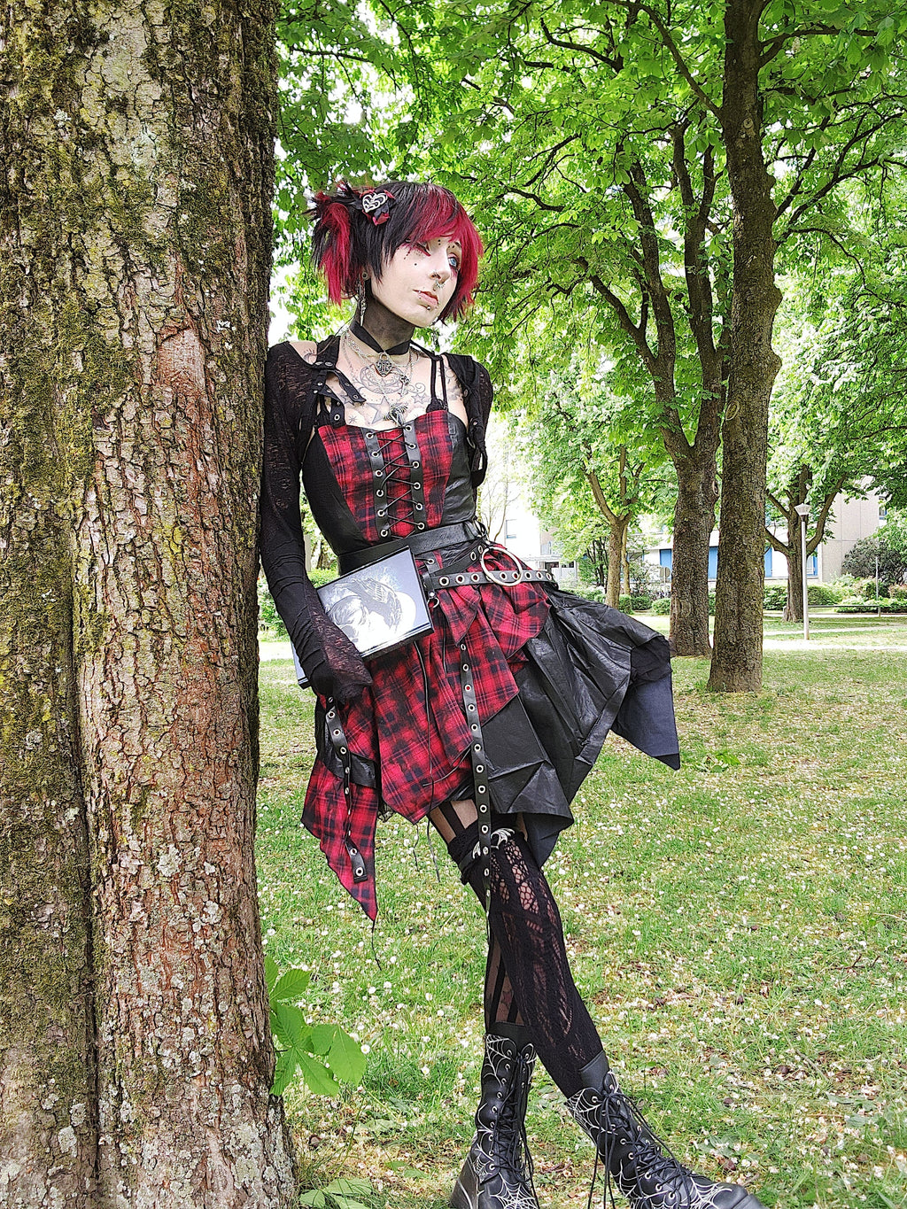 Dark in Love Red Tartan Corset Punk Dress with Handkerchief Skirt