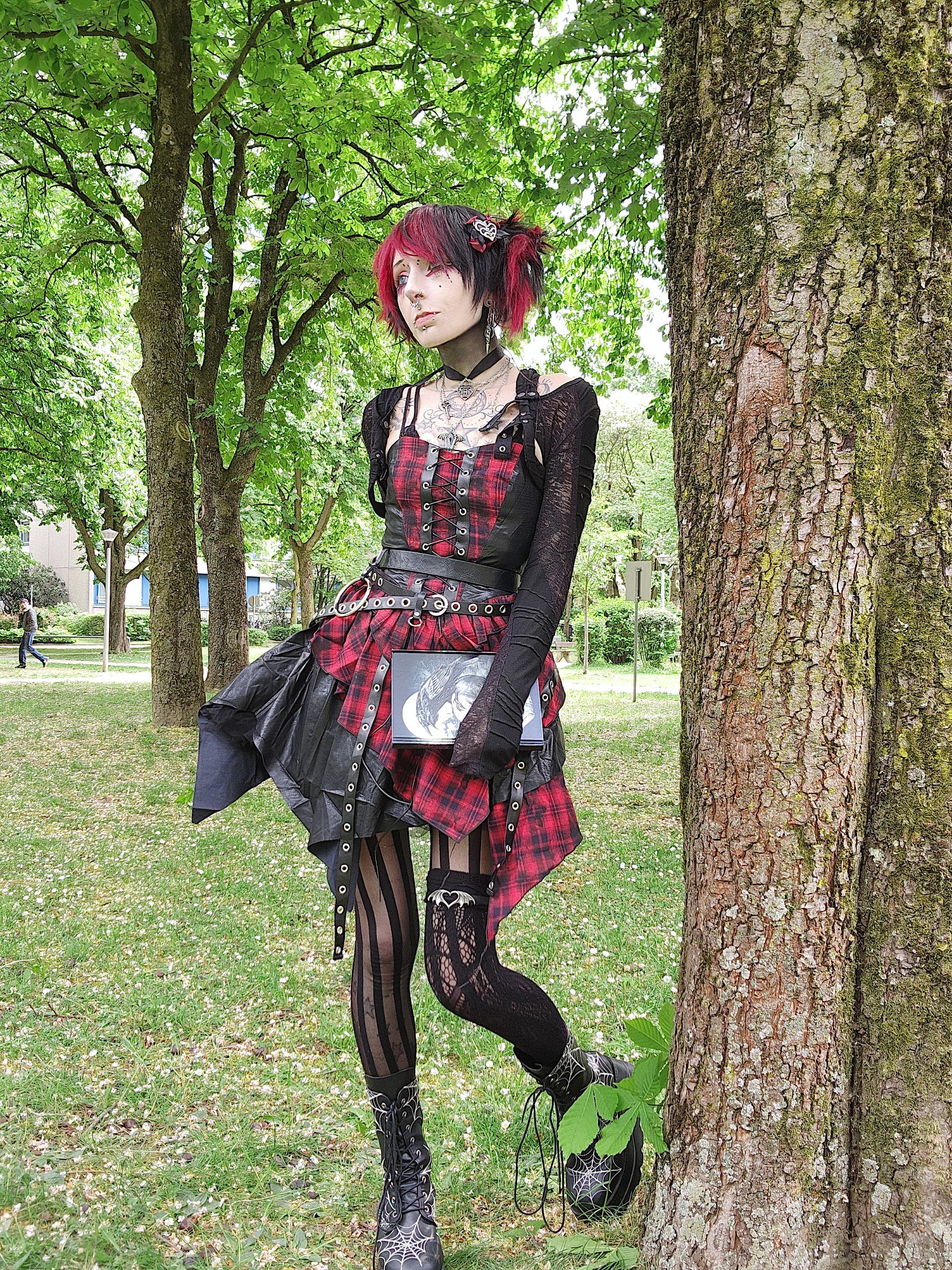 Dark in Love Red Tartan Corset Punk Dress with Handkerchief Skirt