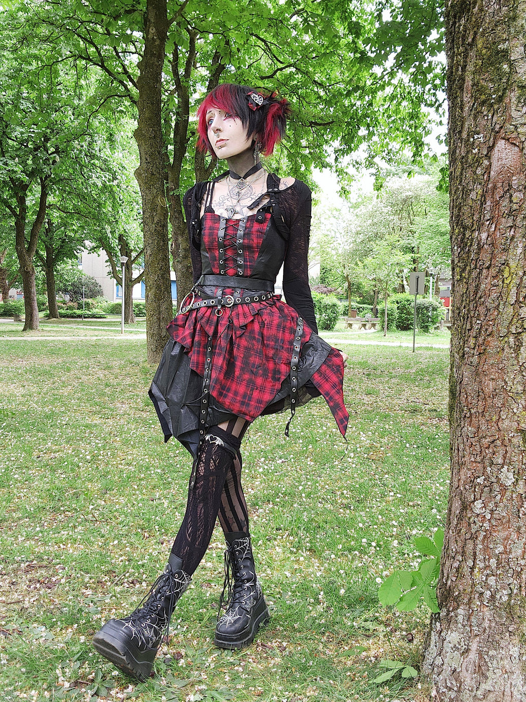 Dark in Love Red Tartan Corset Punk Dress with Handkerchief Skirt
