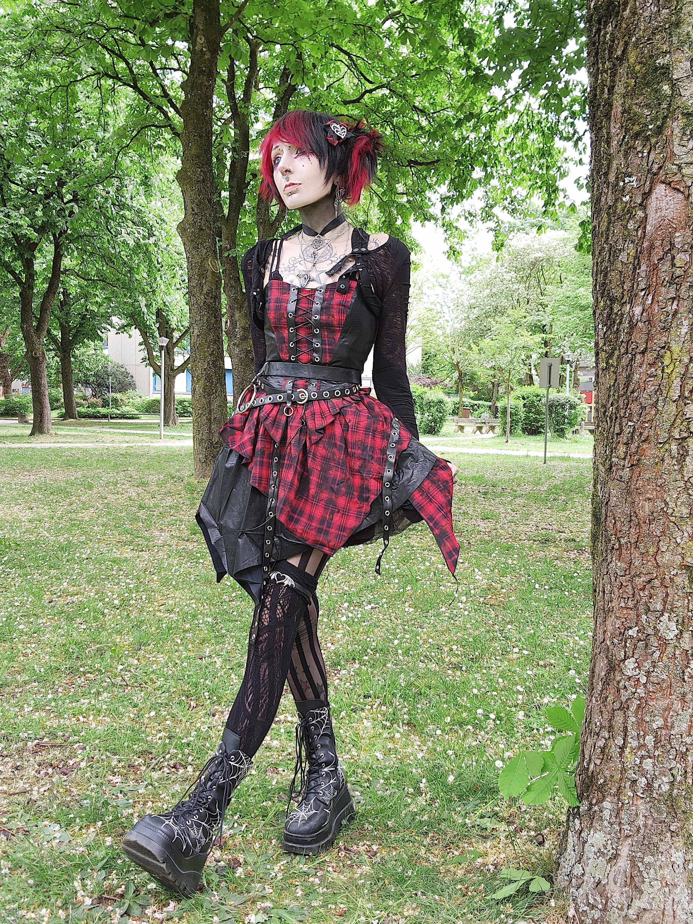 Dark in Love Red Tartan Corset Punk Dress with Handkerchief Skirt