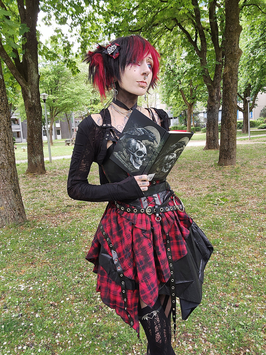 Dark in Love Red Tartan Corset Punk Dress with Handkerchief Skirt
