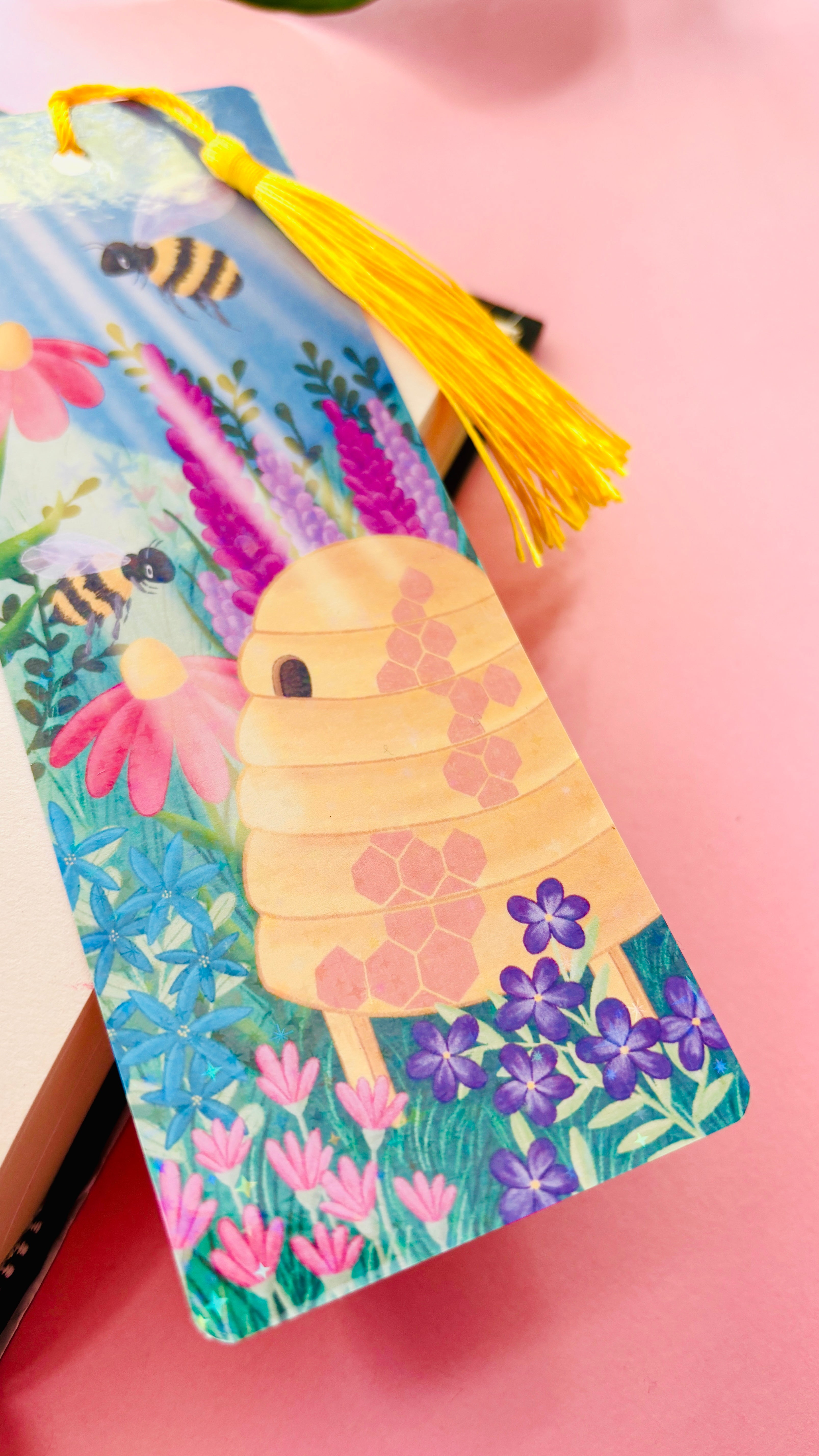 Bee and Wildflower Bookmark – Handmade Holographic Rainbow Book Accessory