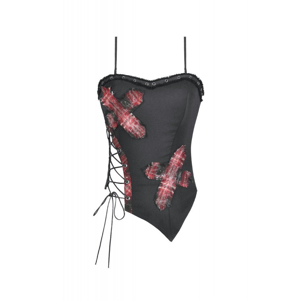 Dark in Love Punk Black and Tartan Cross Strap Nevida Top