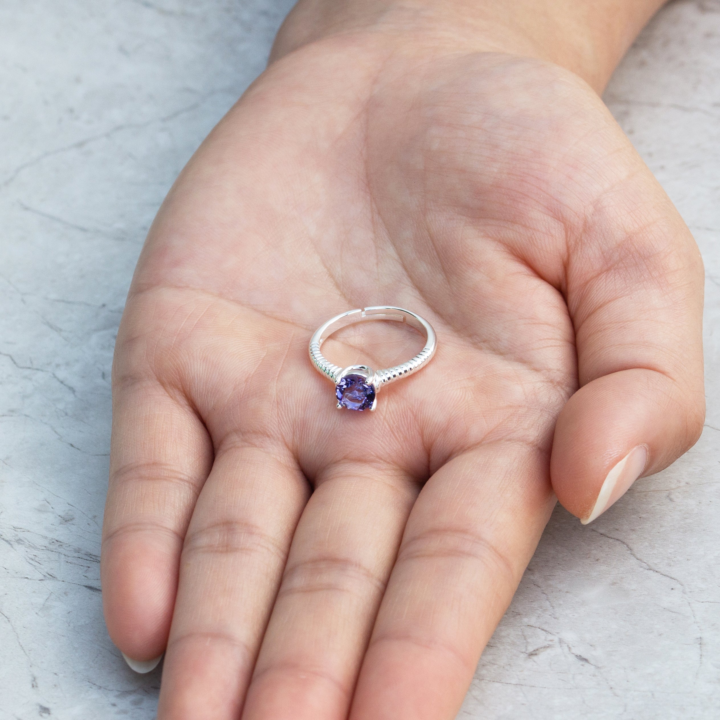 February (Amethyst) Adjustable Birthstone Ring Created with Zircondia® Crystals