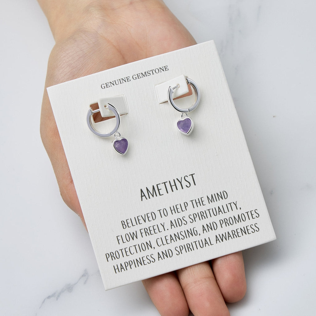 Amethyst Gemstone Heart Charm Hoop Earrings with Quote Card