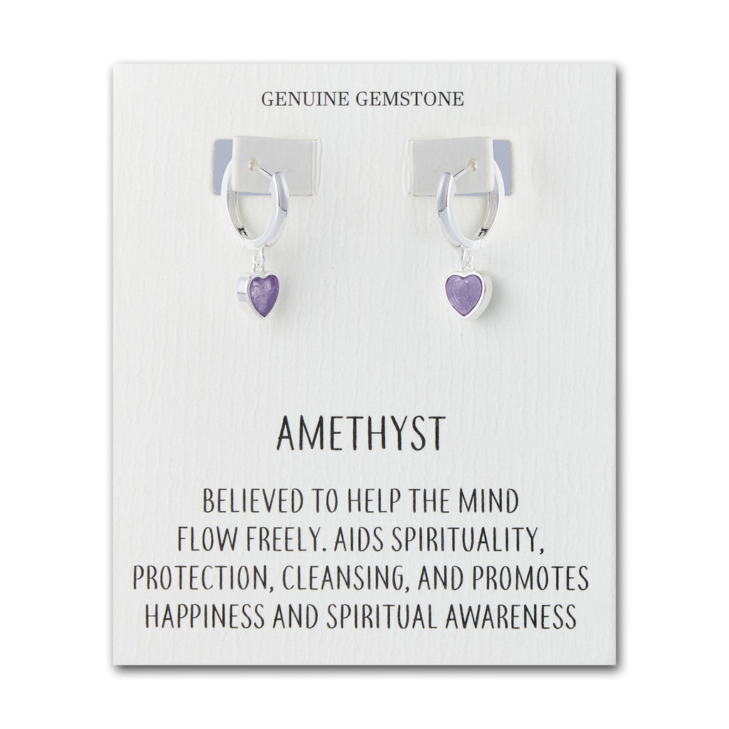 Amethyst Gemstone Heart Charm Hoop Earrings with Quote Card