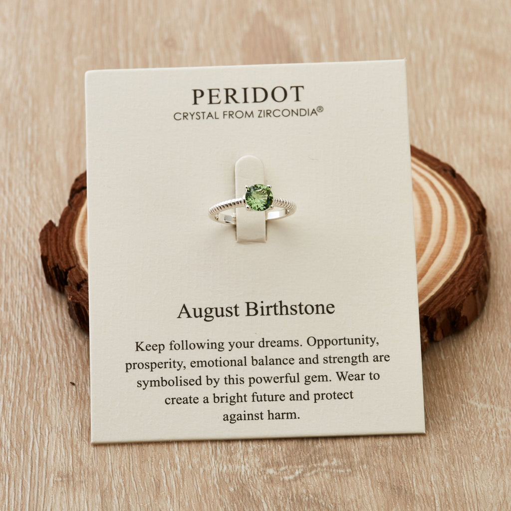 August (Peridot) Adjustable Birthstone Ring Created with Zircondia® Crystals