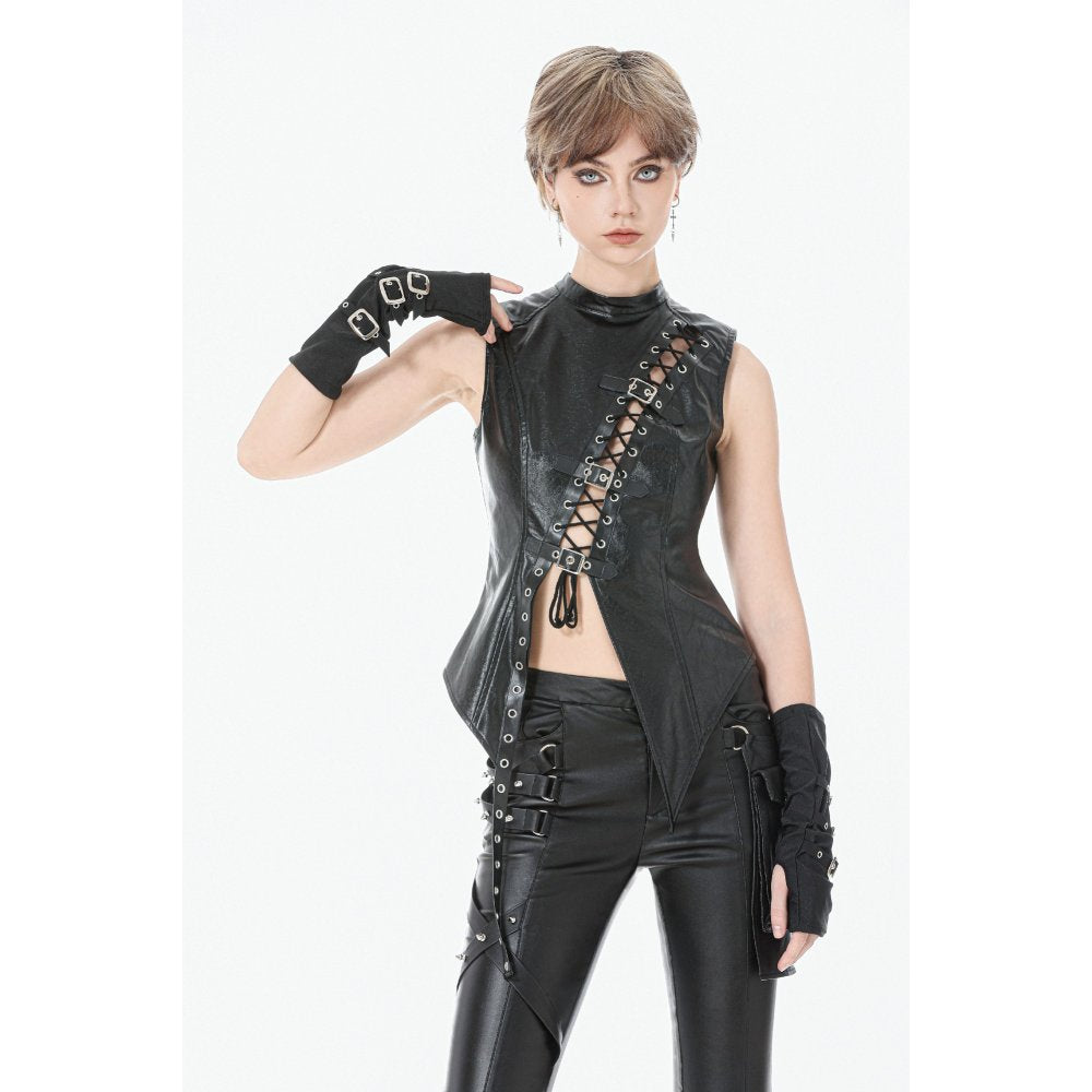 Dark in Love Punk Distressed Leather Lace-Up Top
