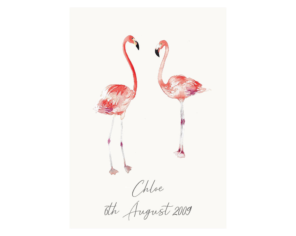 Personalised Watercolour Flamingo Art Print – Custom Nursery or Kids Room Decor, A3/A4/A5 Sizes