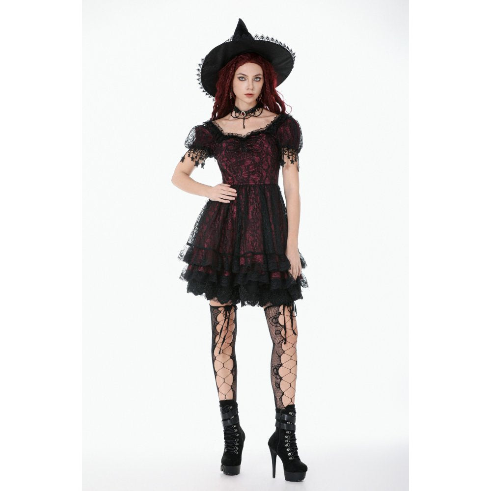 Dark in Love Burgundy & Black Lace Princess Dress with Stars Lace
