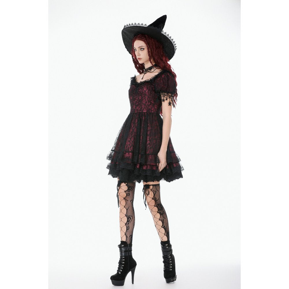 Dark in Love Burgundy & Black Lace Princess Dress with Stars Lace