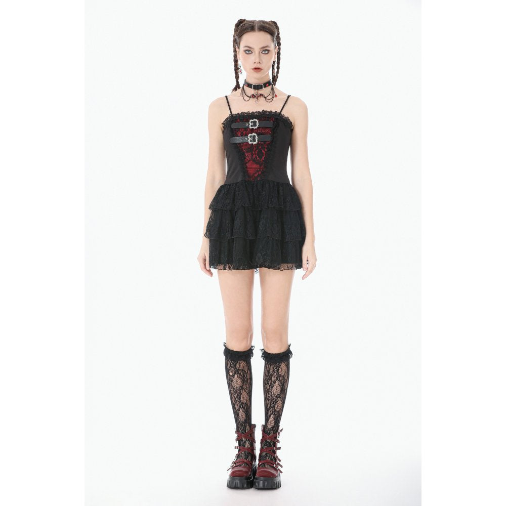 Dark in Love Crimson Shadow Layered Lace Cake Dress