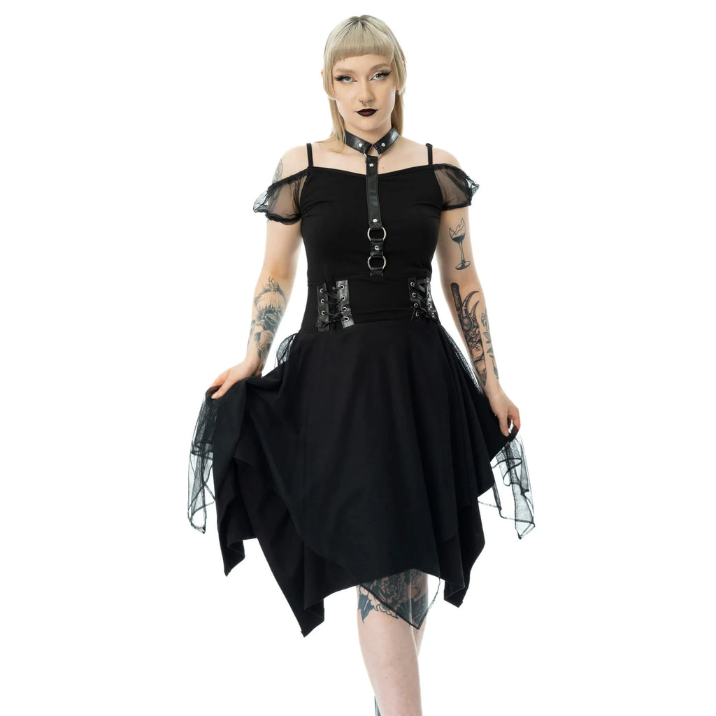 Poizen Industries Banshee Gothic Mini Dress - Cold Shoulder Mesh & Lace-Up