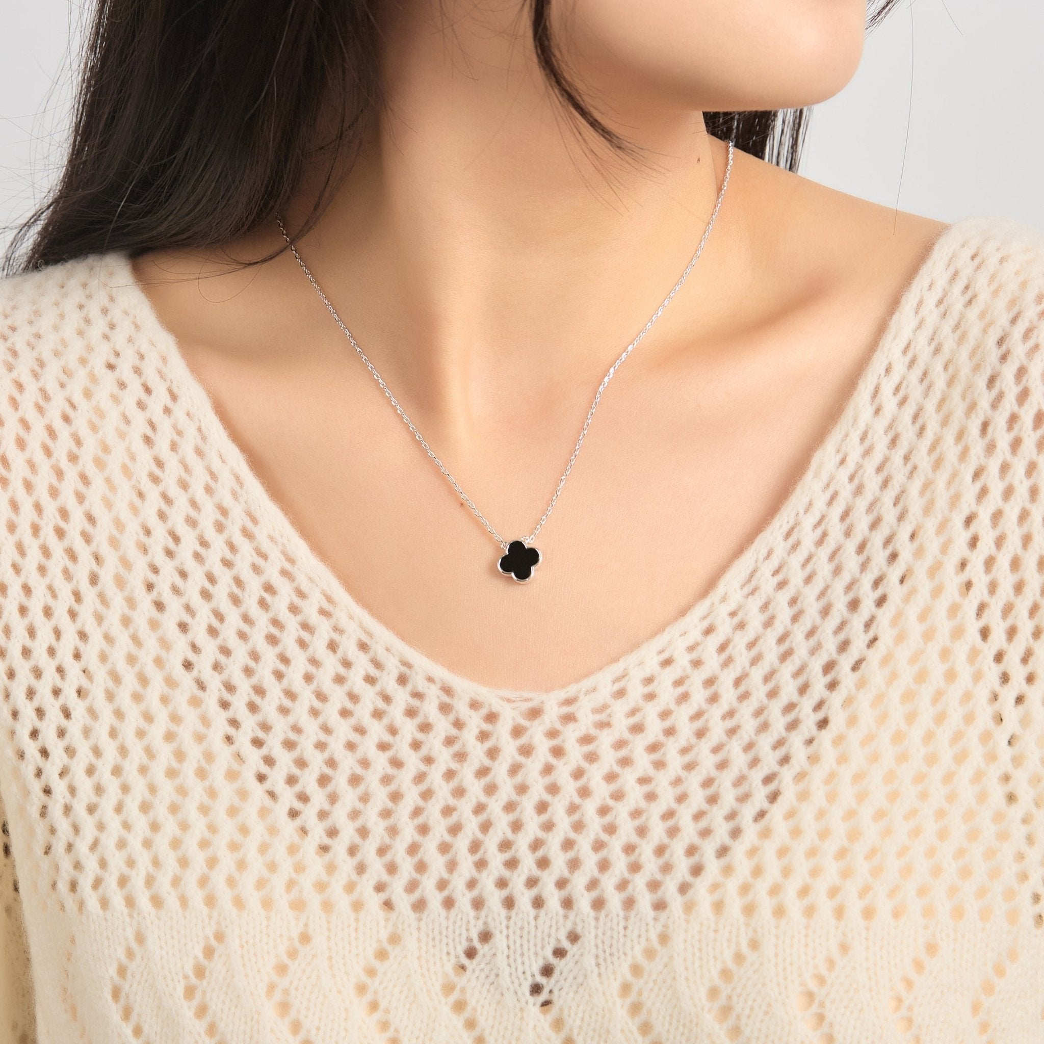 Black Onyx Gemstone Clover Necklace