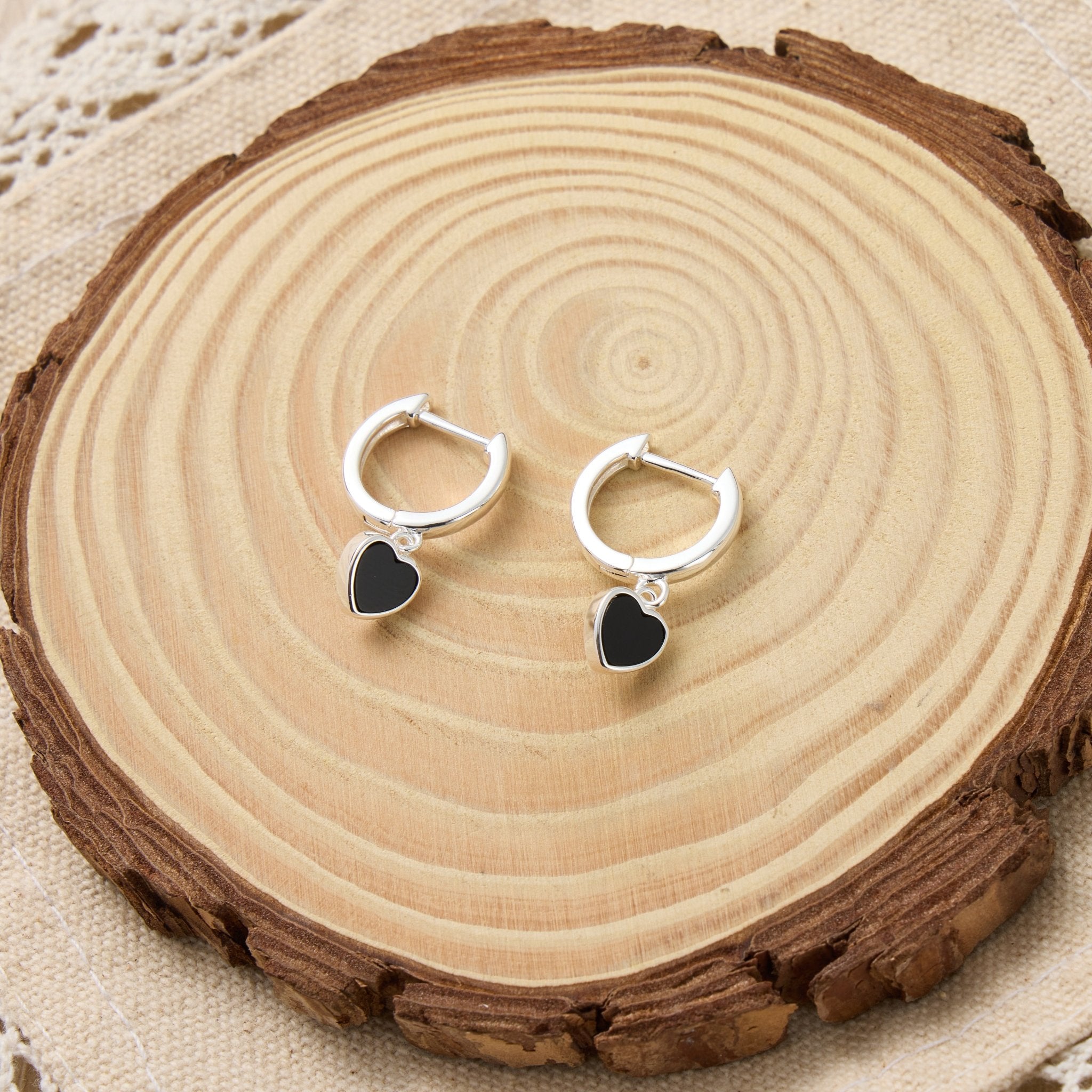 Black Onyx Gemstone Heart Charm Hoop Earrings with Quote Card