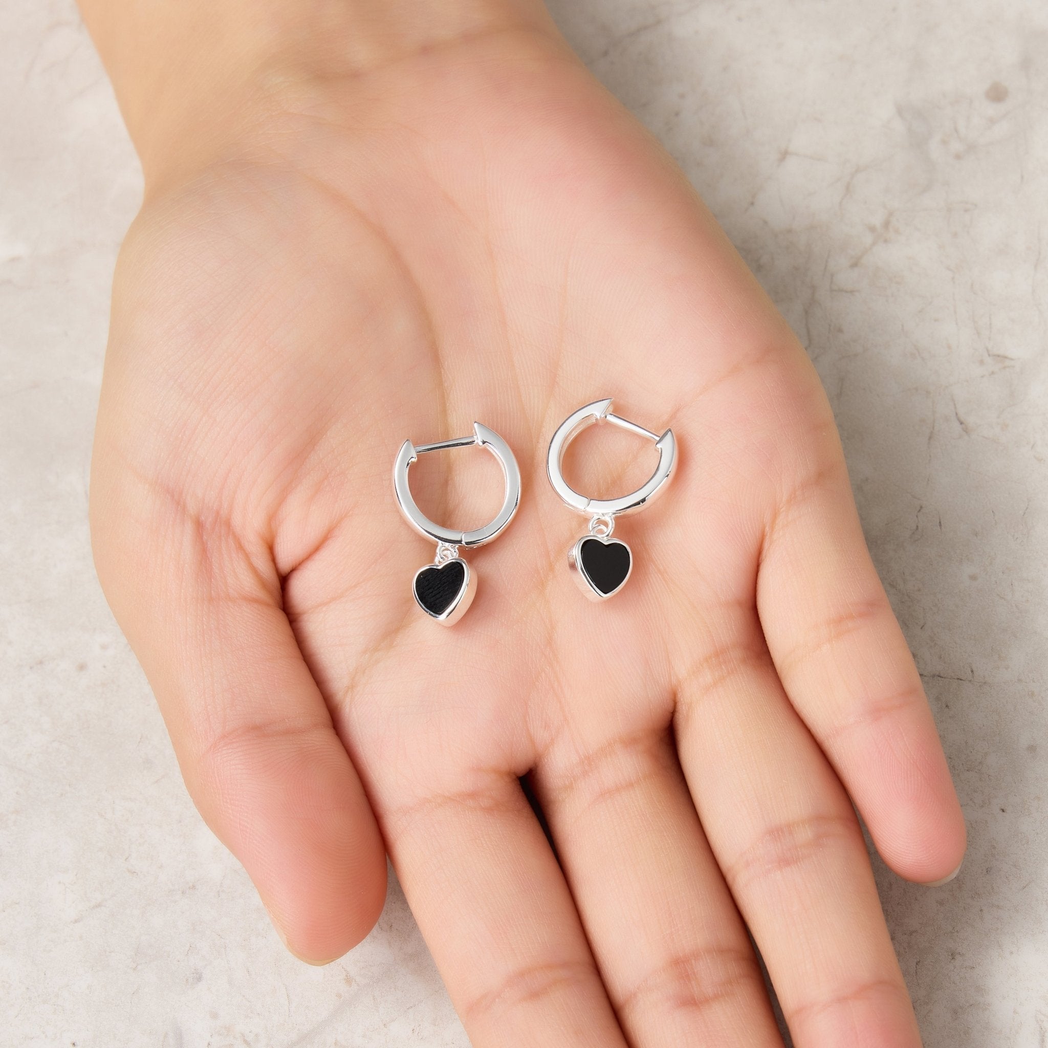 Black Onyx Gemstone Heart Charm Hoop Earrings with Quote Card