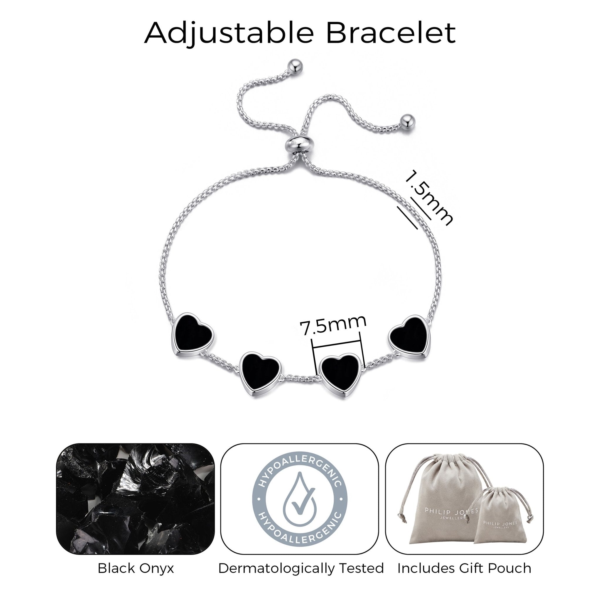 Black Onyx Gemstone Multi Heart Friendship Slider Bracelet