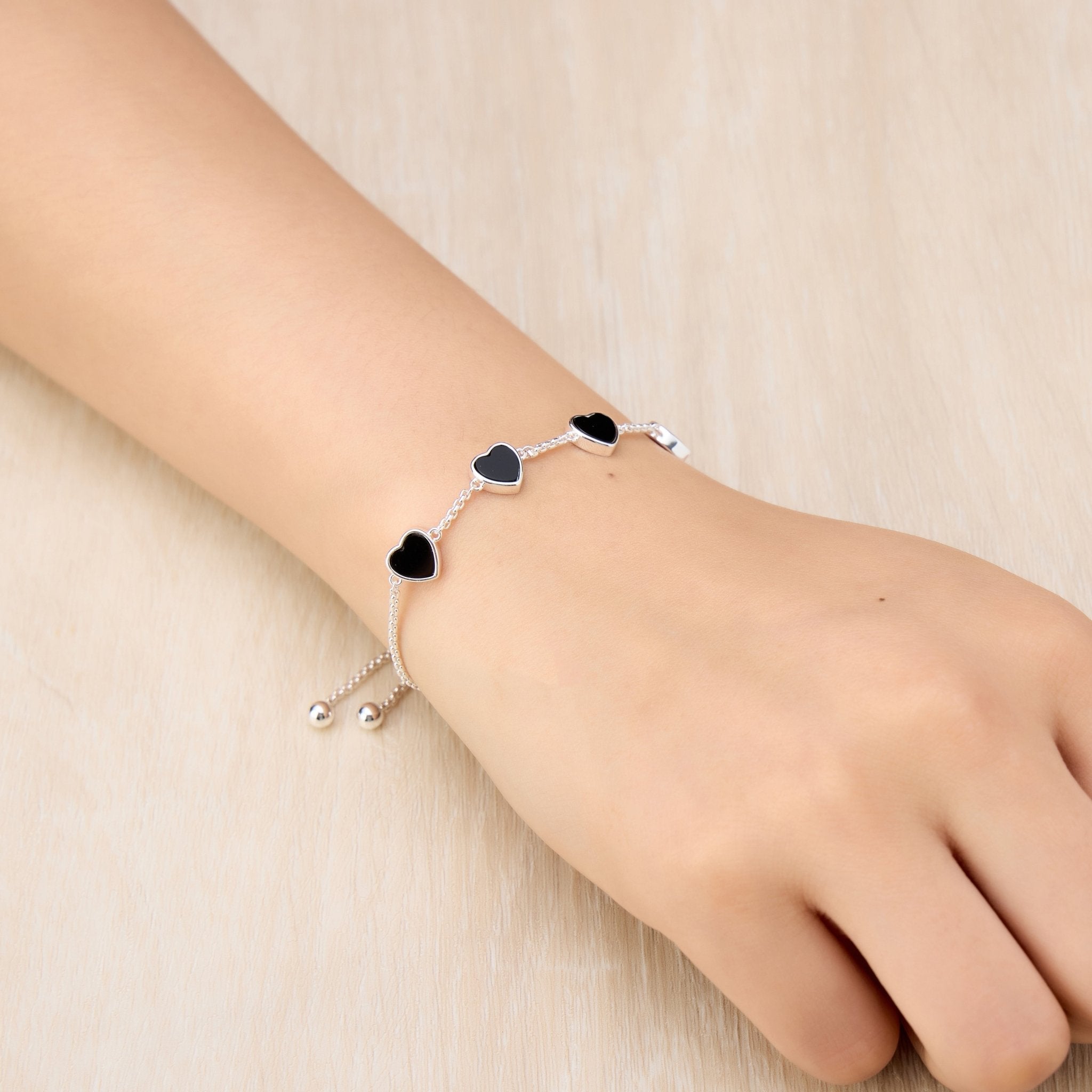 Black Onyx Gemstone Multi Heart Friendship Slider Bracelet