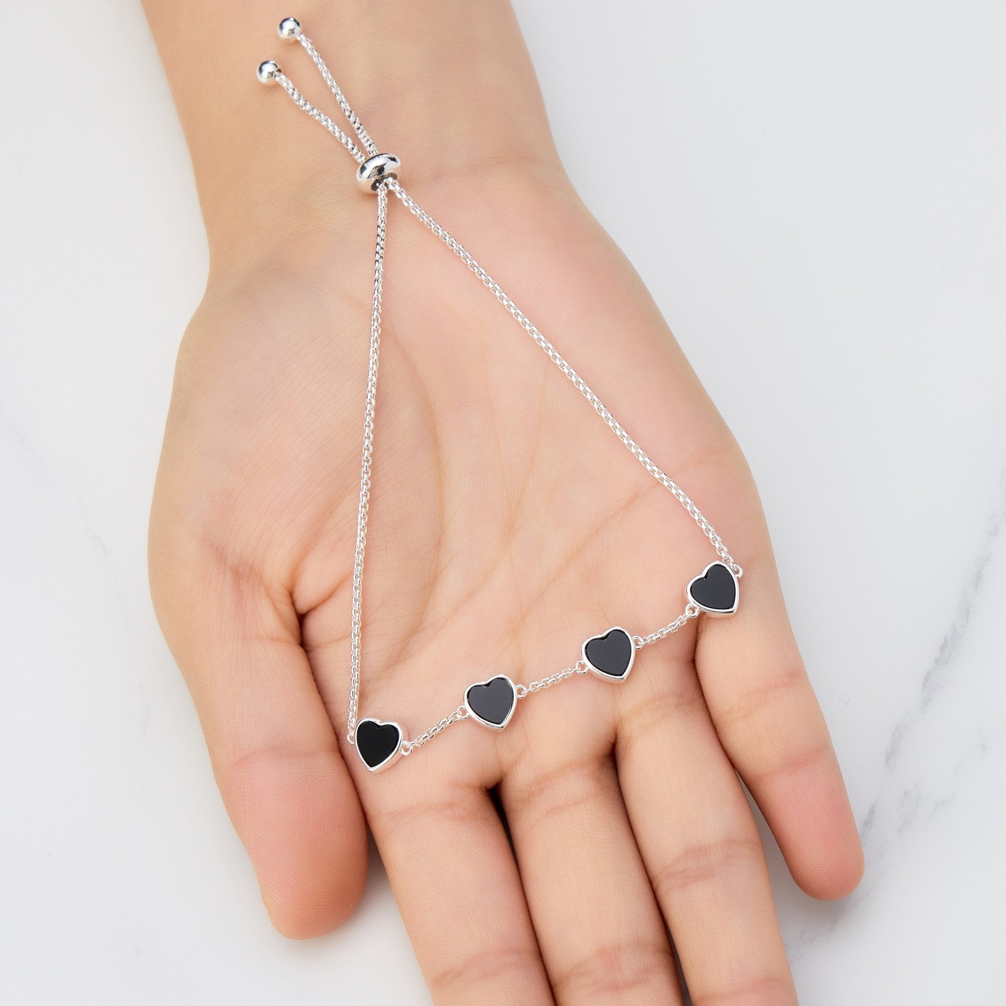 Black Onyx Gemstone Multi Heart Friendship Slider Bracelet