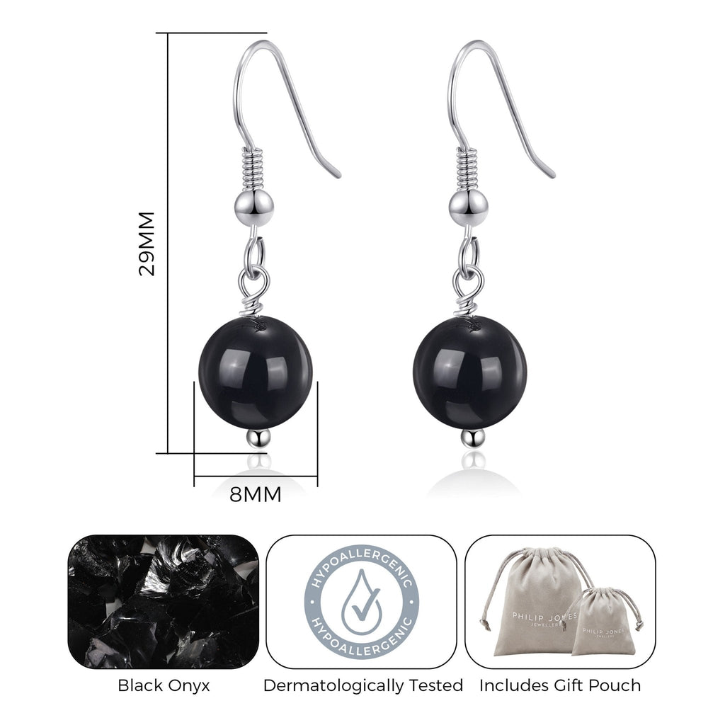 Black Onyx Gemstone Round Drop Earrings