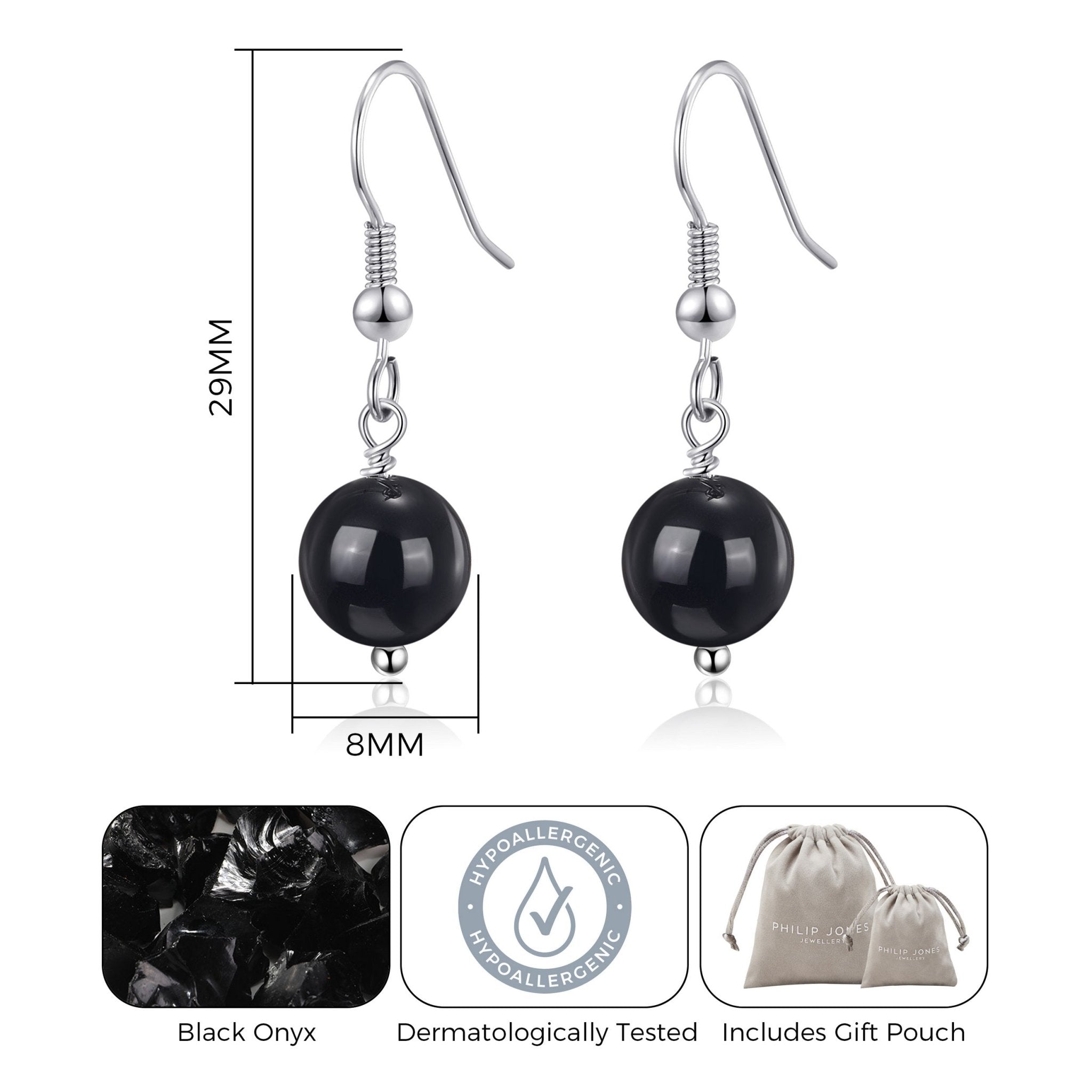 Black Onyx Gemstone Round Drop Earrings
