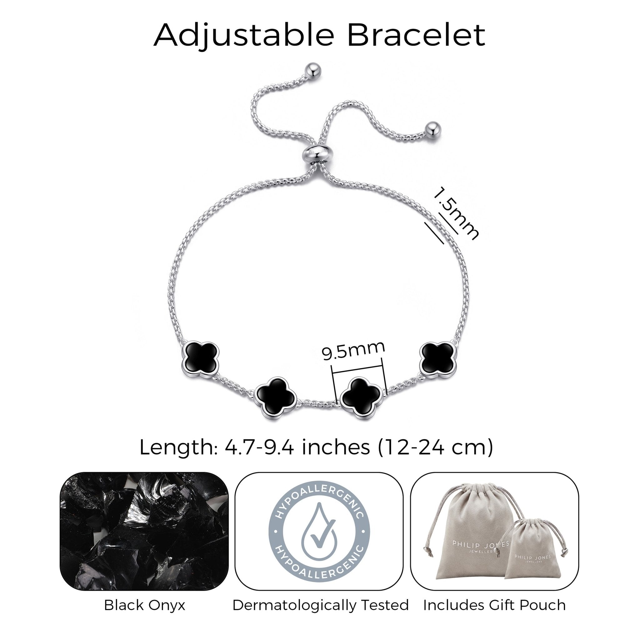 Black Onyx Multi Clover Friendship Slider Bracelet