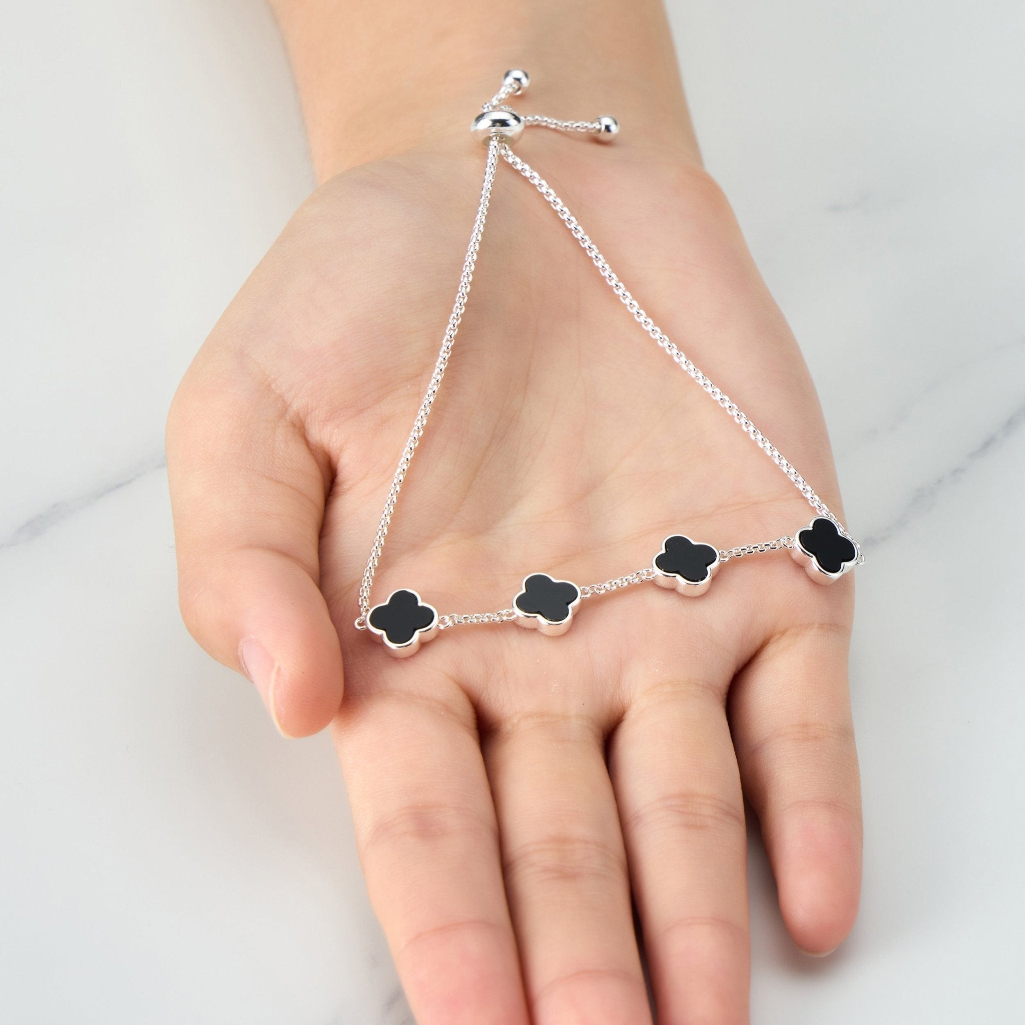 Black Onyx Multi Clover Friendship Slider Bracelet