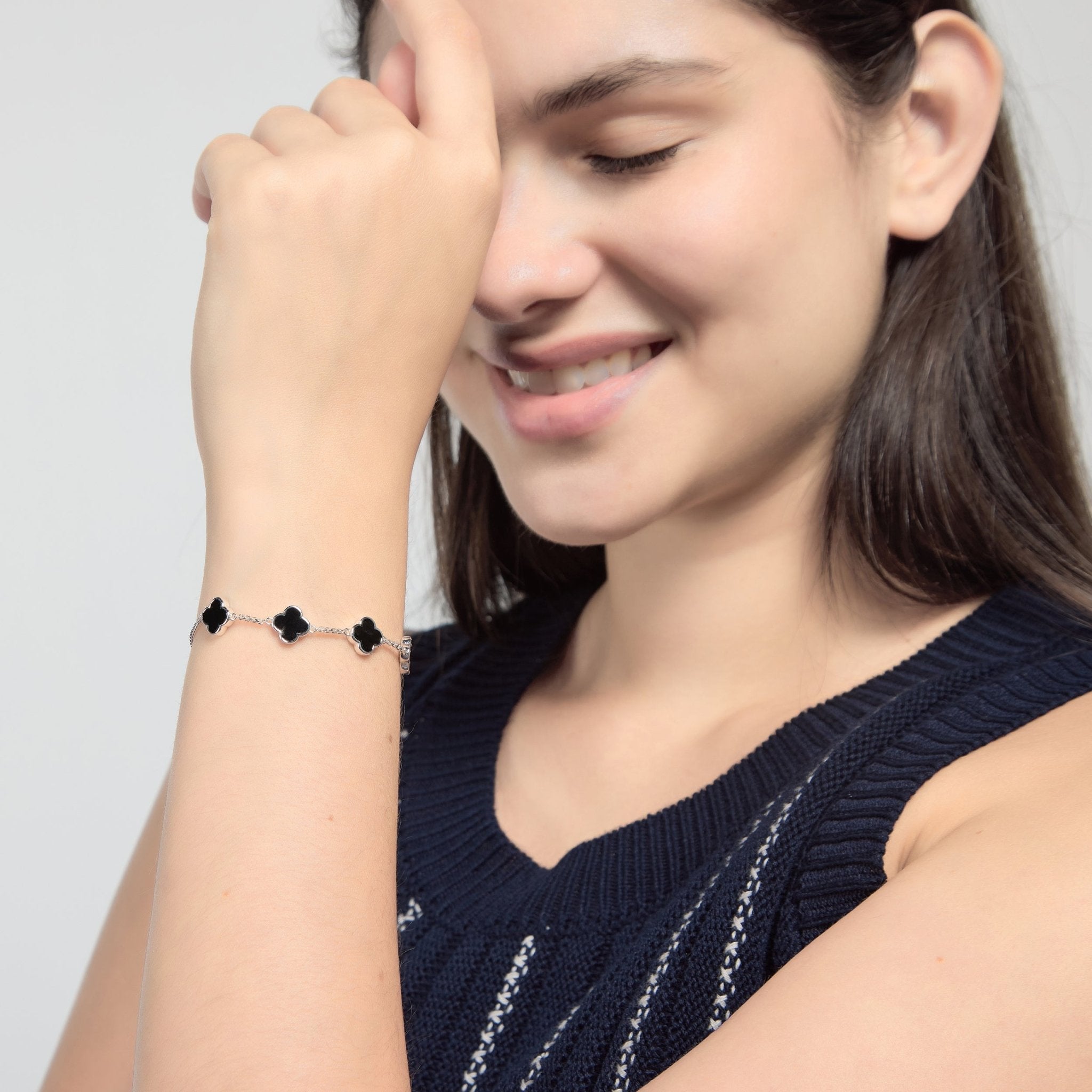 Black Onyx Multi Clover Friendship Slider Bracelet