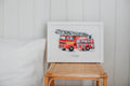 Personalised Watercolour Fire Engine Art Print – Kids Wall Art for Nursery or Bedroom, A3/A4 Sizes