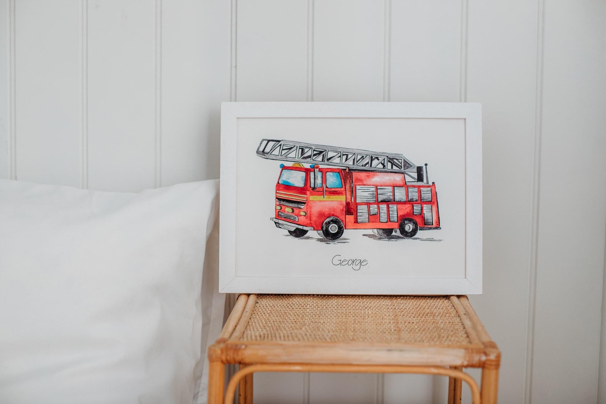 Personalised Watercolour Fire Engine Art Print – Kids Wall Art for Nursery or Bedroom, A3/A4 Sizes